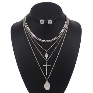 3 LAYER SILVER RELIGIOUS NECKLACE LAYERED SET